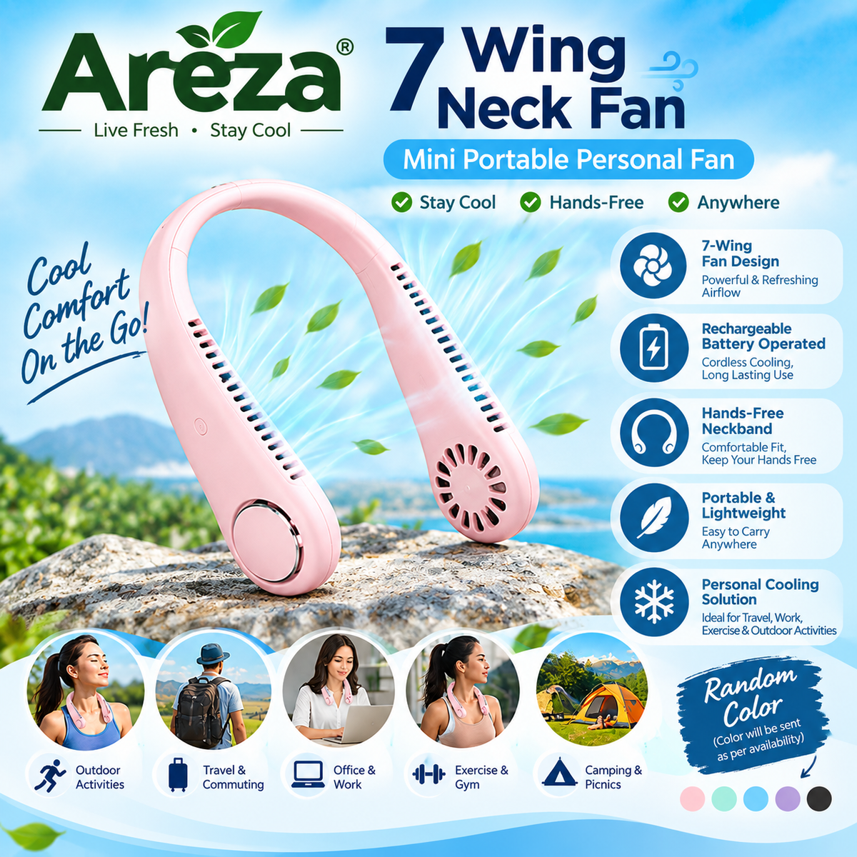 7 Wing Neck Fan – Rechargeable Portable Personal Fan | Hands-Free Mini Cooling Fan