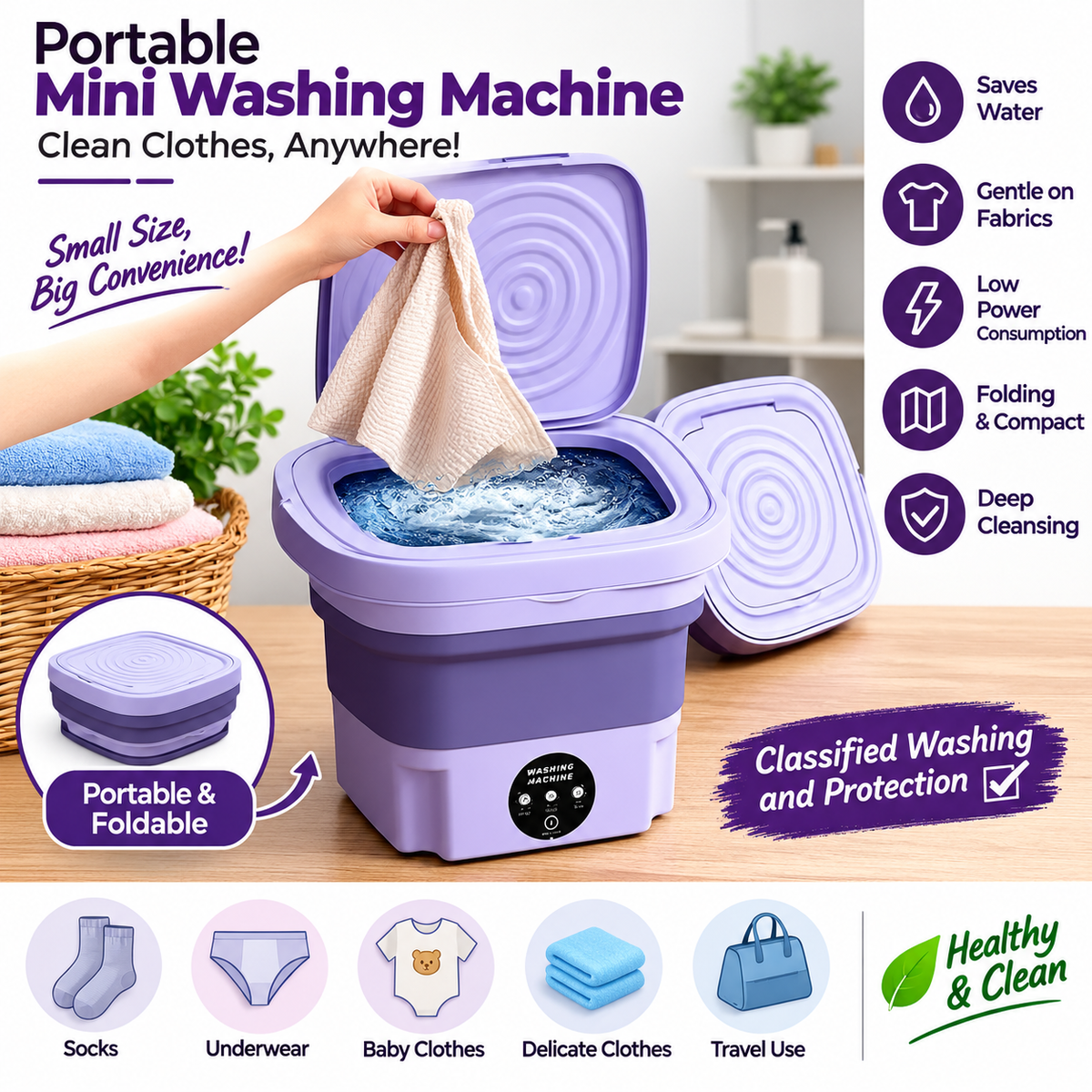 Foldable Mini Washing Machine – Portable Compact Laundry Washer | Heavy Quality