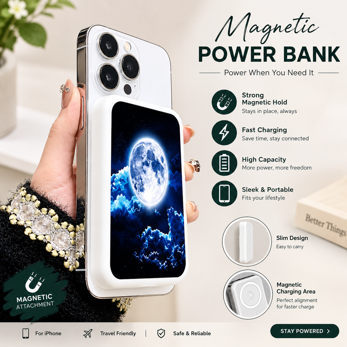 10000mAh Magnetic MagSafe Power Bank – Wireless Portable Charger for iPhone & Daily Use