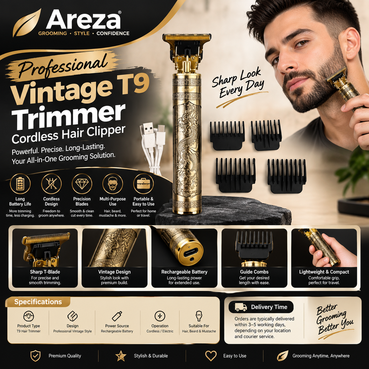 Professional T9 Trimmer | Vintage Cordless Hair Clipper & Beard Trimmer | Electric Hair Cutting Machine