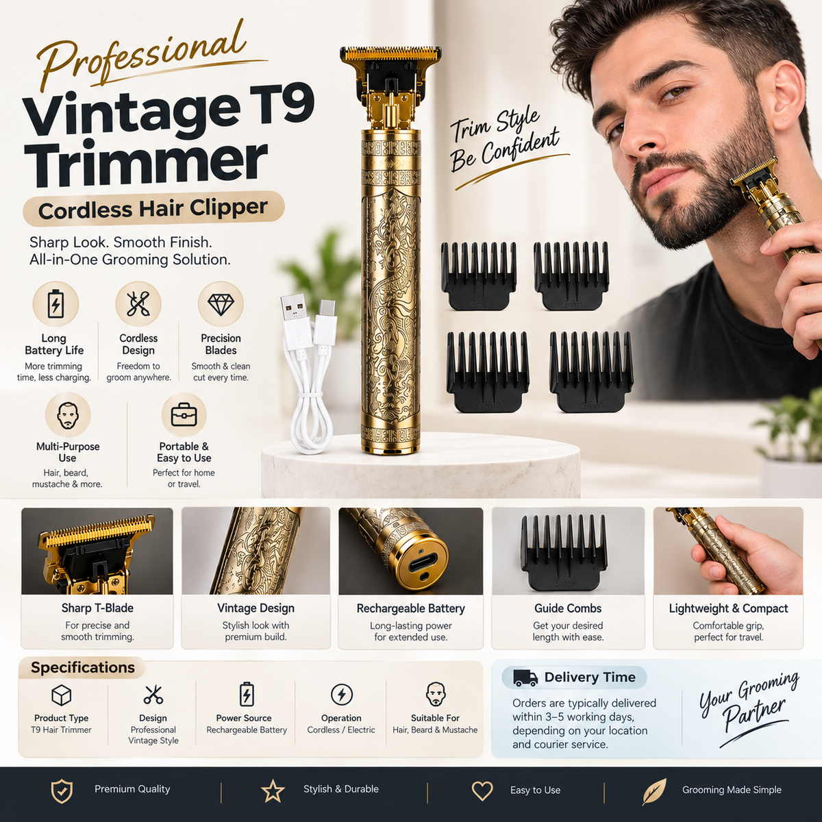 Professional T9 Trimmer | Vintage Cordless Hair Clipper & Beard Trimmer | Electric Hair Cutting Machine
