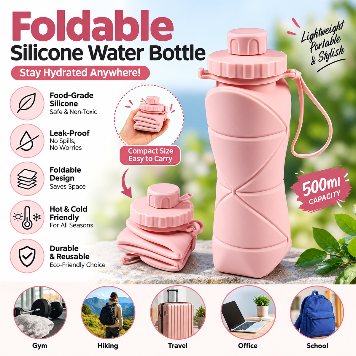 Silicone Folding Bottle 600ML | Foldable Silicone Water Bottle | Smart Travel Bottle