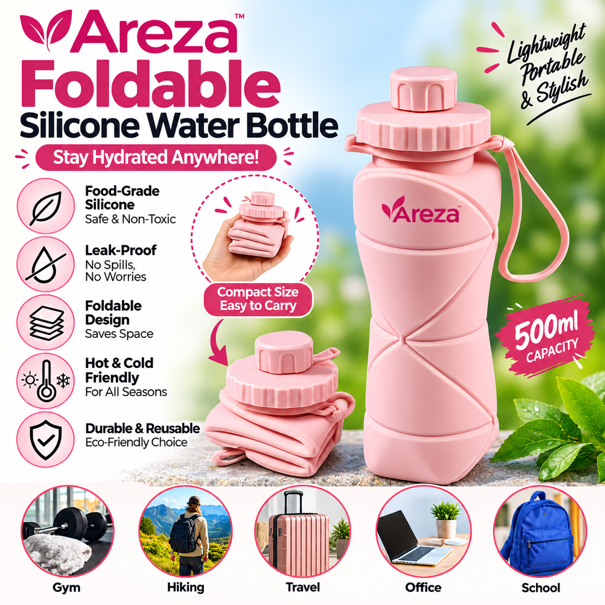 Silicone Folding Bottle 600ML | Foldable Silicone Water Bottle | Smart Travel Bottle