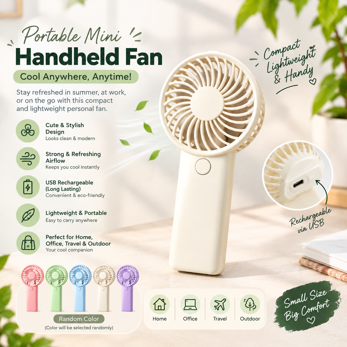 Portable Mini Handheld Fan – USB Rechargeable Personal Cooling Fan | Compact & Lightweight