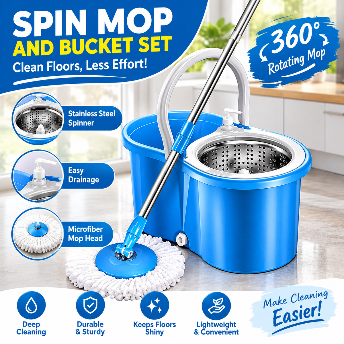 Microfiber Spin Mop with Bucket | 360° Rotating Floor Cleaning Mop