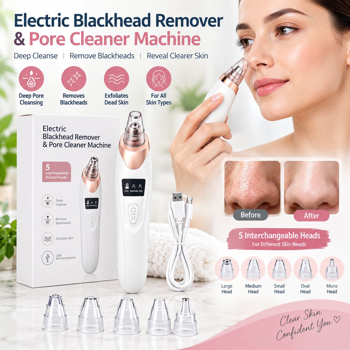 Electric Blackhead Remover | 5-Head Pore Cleaner Vacuum | Acne & Facial Pore Suction Device