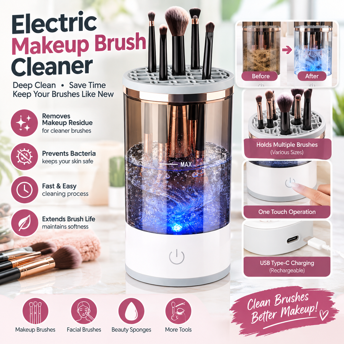 3-in-1 Electric Makeup Brush Cleaner – Automatic Makeup Brush Washing & Drying Machine with Brush Holder