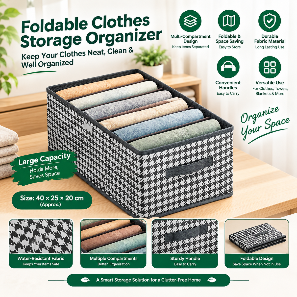 Clothes Storage Organizer Box – Foldable Wardrobe Storage Container with Lid for Blankets, Quilts, Clothes & Closet Organization