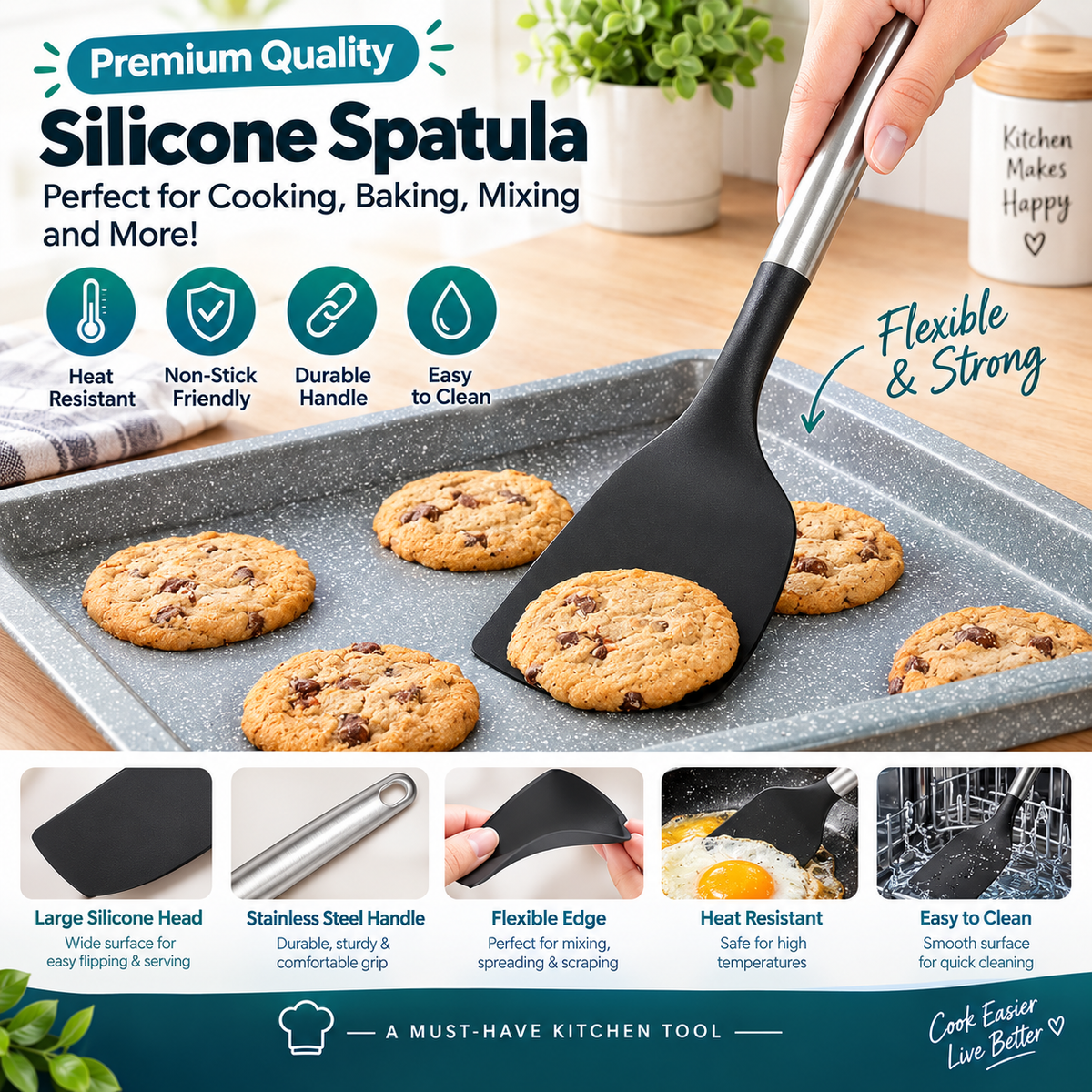 Stainless Steel Handle Silicone Spatula | Heat-Resistant Kitchen Cooking Turner | Frying, Baking & Mixing Tool