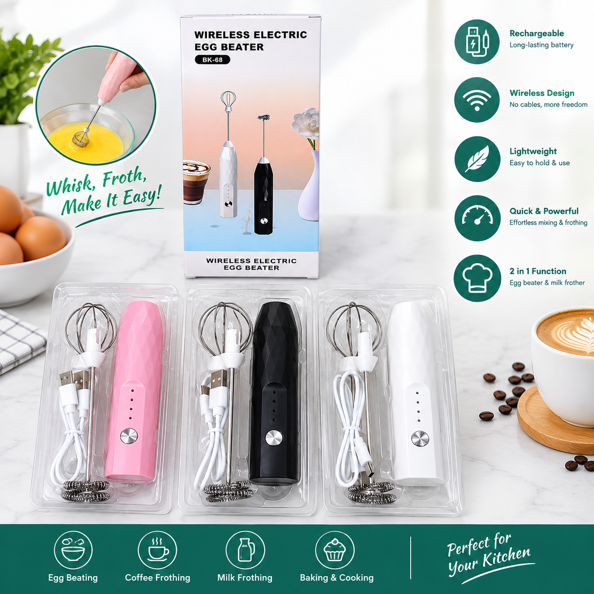 Wireless 2 in 1 Electric Egg Beater & Coffee Frother – Rechargeable Handheld Kitchen Mixer