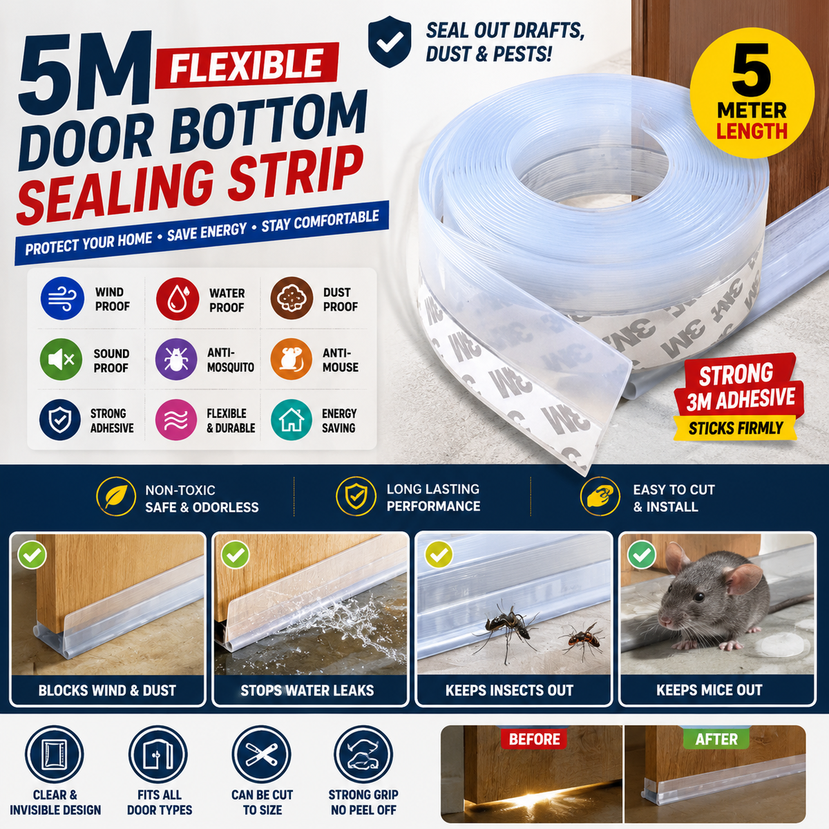 5M Door Bottom Sealing Strip | Flexible Door Draft Stopper | Dust, Wind, Water & Insect Gap Blocker