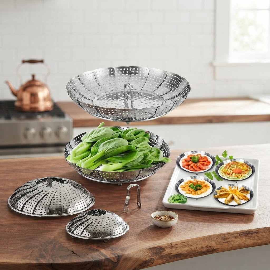 Stainless Steel Steamer Basket | Foldable Vegetable Steamer Rack & Kitchen Strainer | Multipurpose Cooking Steamer